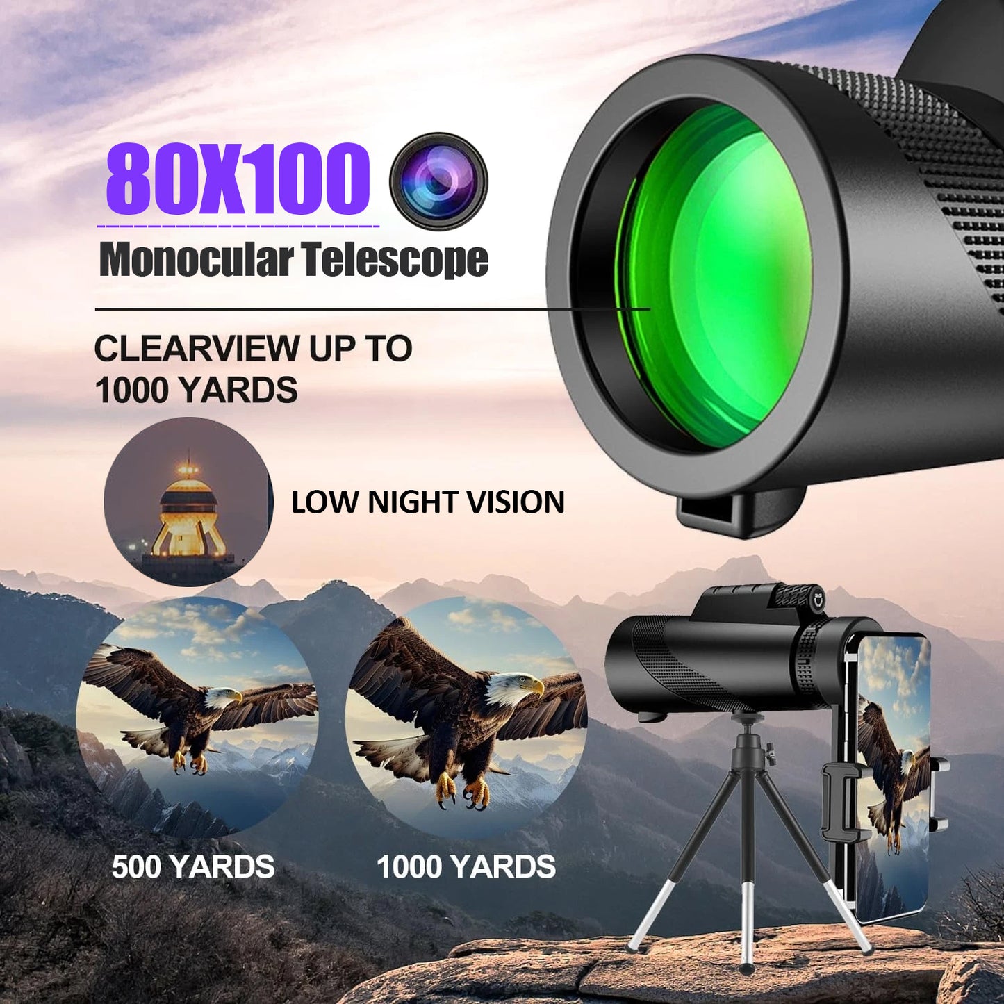 Professional 80x100 Monocular Telescope – HD Optics & Night Vision